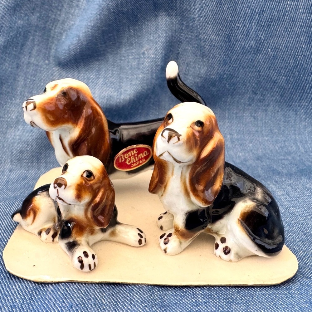 Vintage Bone China Basset Hound Family Miniature Dog Trio Japan Cottagecore
